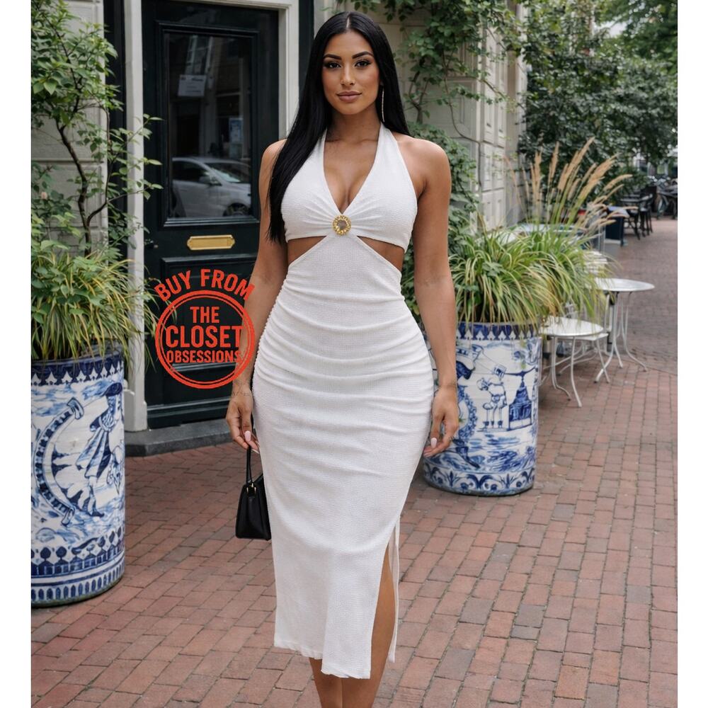 ZARA White Halter Midi Dress Cut Out Open Back Vacation Resort Dress NWT - Picture 9 of 16
